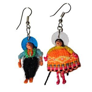 Handcrafted Peruvian Folk Art Earrings Miniature Figures Traditional Attire